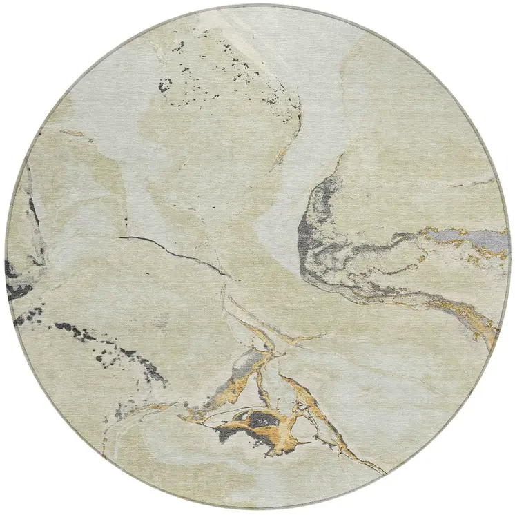 8' Ivory Gray And Gold Round Abstract Washable Indoor Outdoor Area Rug