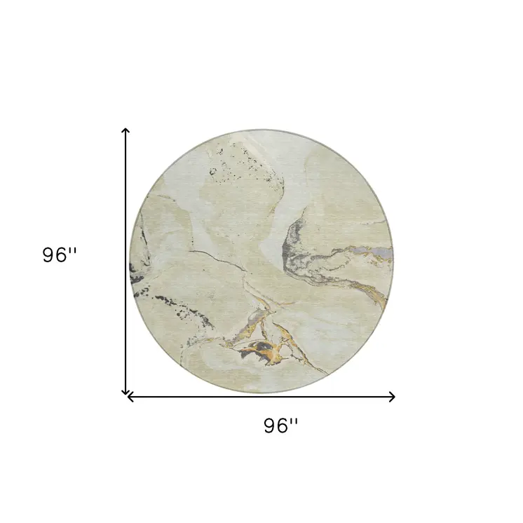 8' Ivory Gray And Gold Round Abstract Washable Indoor Outdoor Area Rug