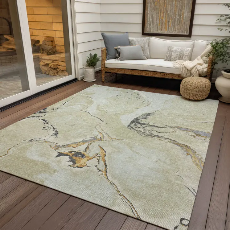 8' X 10' Ivory Gray And Gold Abstract Washable Indoor Outdoor Area Rug