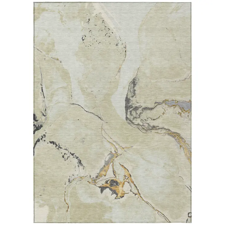 8' X 10' Ivory Gray And Gold Abstract Washable Indoor Outdoor Area Rug