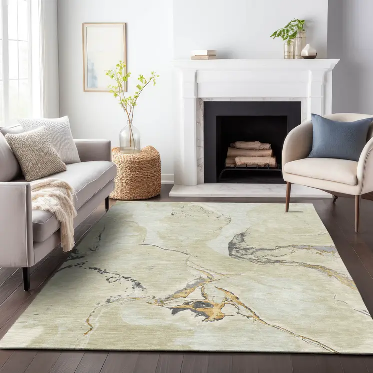 8' X 10' Ivory Gray And Gold Abstract Washable Indoor Outdoor Area Rug