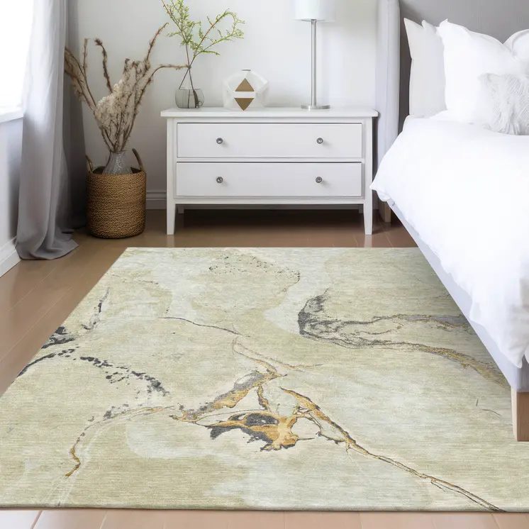 8' X 10' Ivory Gray And Gold Abstract Washable Indoor Outdoor Area Rug