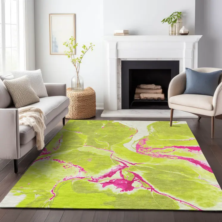 5' X 8' Lime Green Neon Pink And Ivory Abstract Washable Indoor Outdoor Area Rug