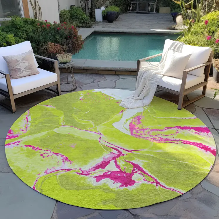 8' Lime Green Neon Pink And Ivory Round Abstract Washable Indoor Outdoor Area Rug