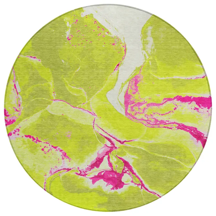 8' Lime Green Neon Pink And Ivory Round Abstract Washable Indoor Outdoor Area Rug