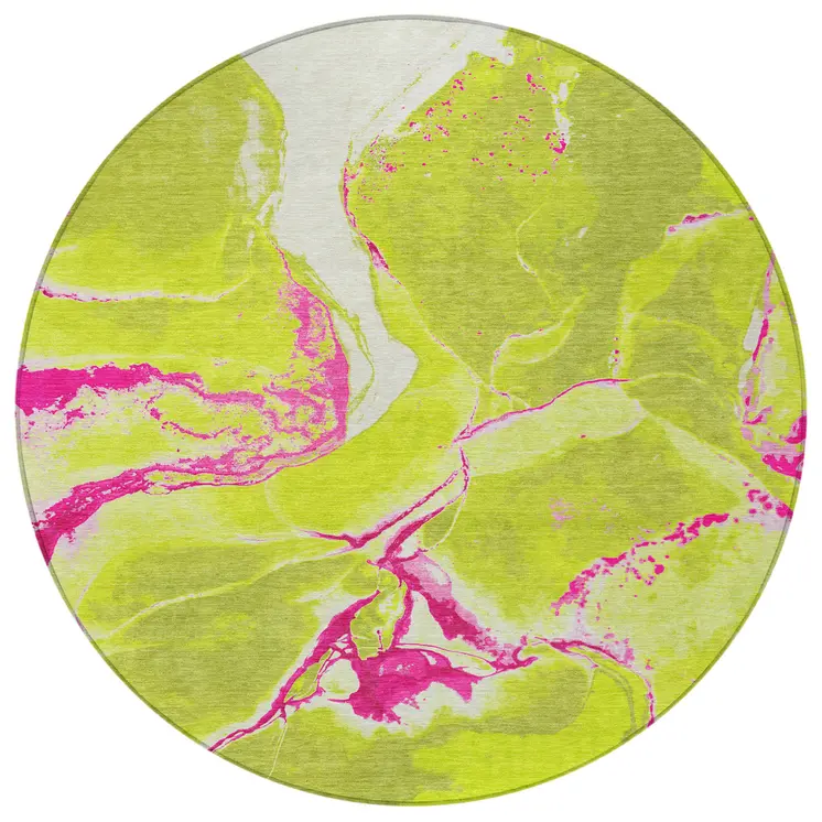 8' Lime Green Neon Pink And Ivory Round Abstract Washable Indoor Outdoor Area Rug