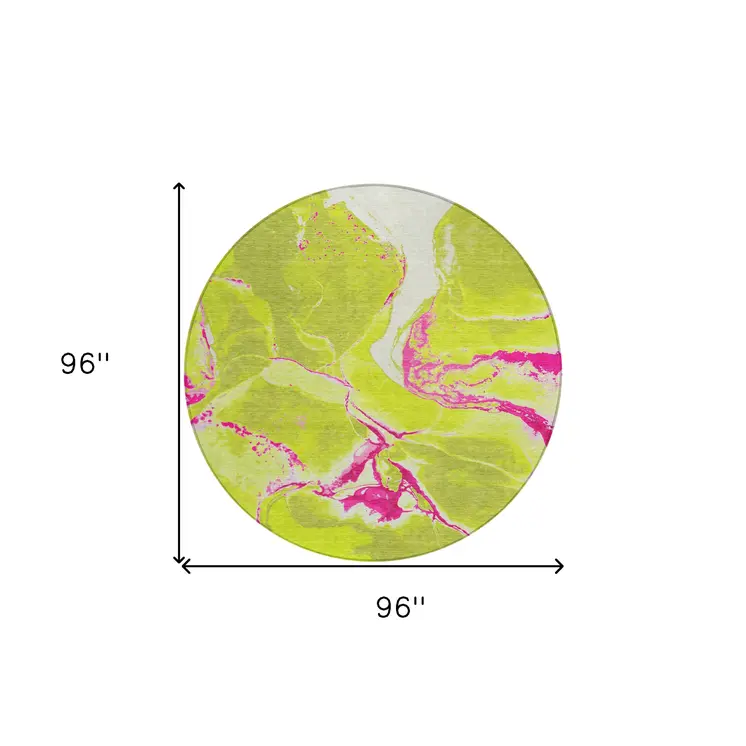 8' Lime Green Neon Pink And Ivory Round Abstract Washable Indoor Outdoor Area Rug