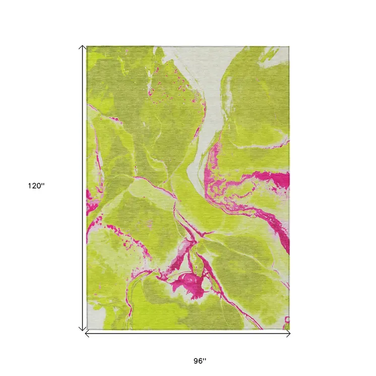8' X 10' Lime Green Neon Pink And Ivory Abstract Washable Indoor Outdoor Area Rug