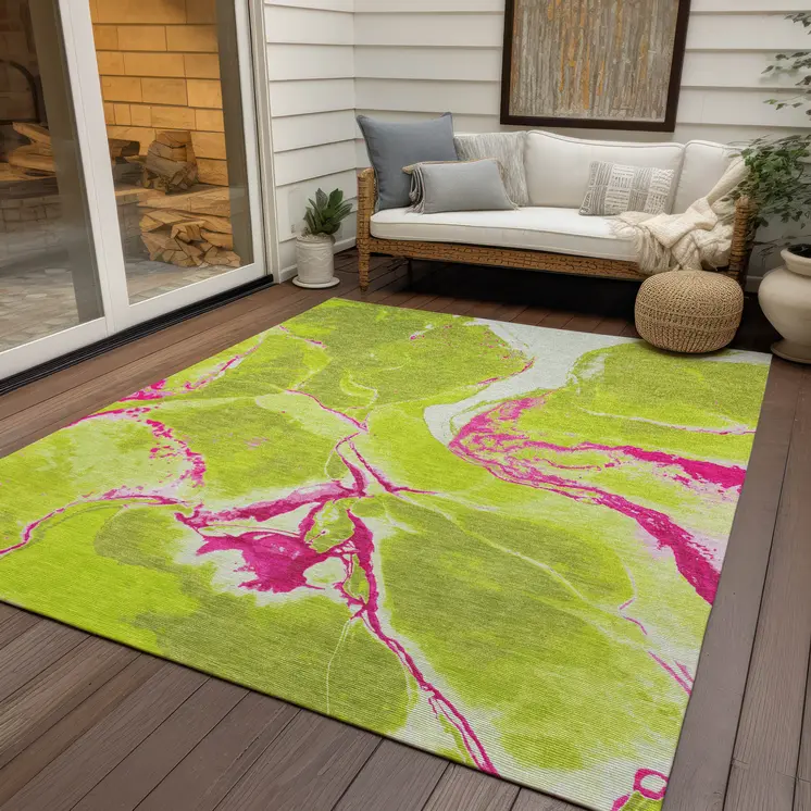 8' X 10' Lime Green Neon Pink And Ivory Abstract Washable Indoor Outdoor Area Rug