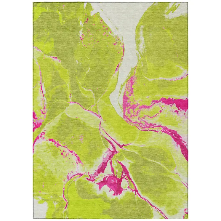 8' X 10' Lime Green Neon Pink And Ivory Abstract Washable Indoor Outdoor Area Rug