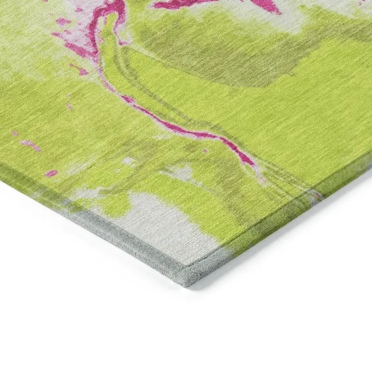 8' X 10' Lime Green Neon Pink And Ivory Abstract Washable Indoor Outdoor Area Rug