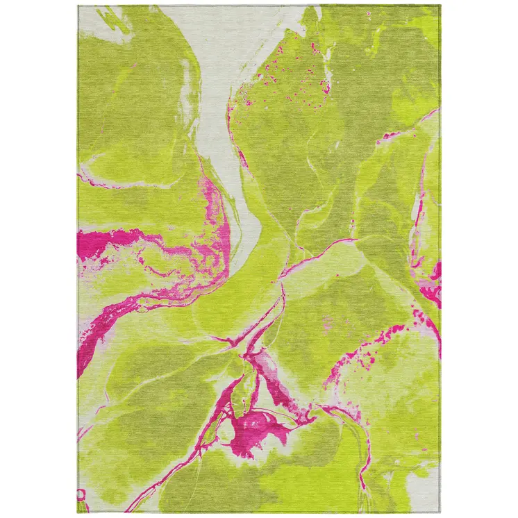 9' X 12' Lime Green Neon Pink And Ivory Abstract Washable Indoor Outdoor Area Rug