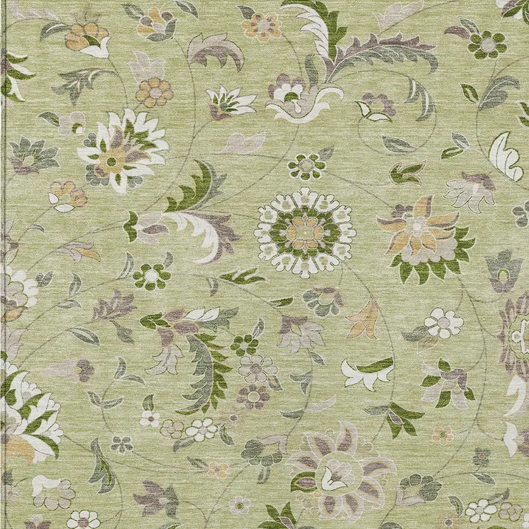 3' X 5' Artichoke Green Gray And Brown Floral Washable Indoor Outdoor Area Rug