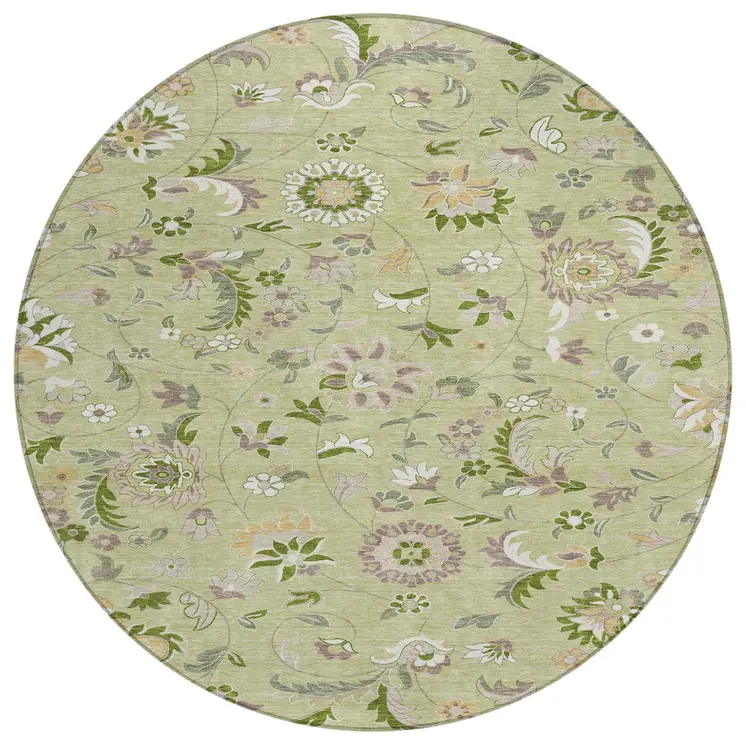 8' Artichoke Green Gray And Brown Round Floral Washable Indoor Outdoor Area Rug