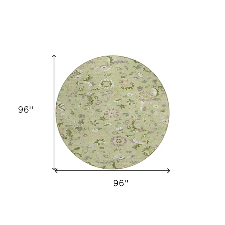 8' Artichoke Green Gray And Brown Round Floral Washable Indoor Outdoor Area Rug