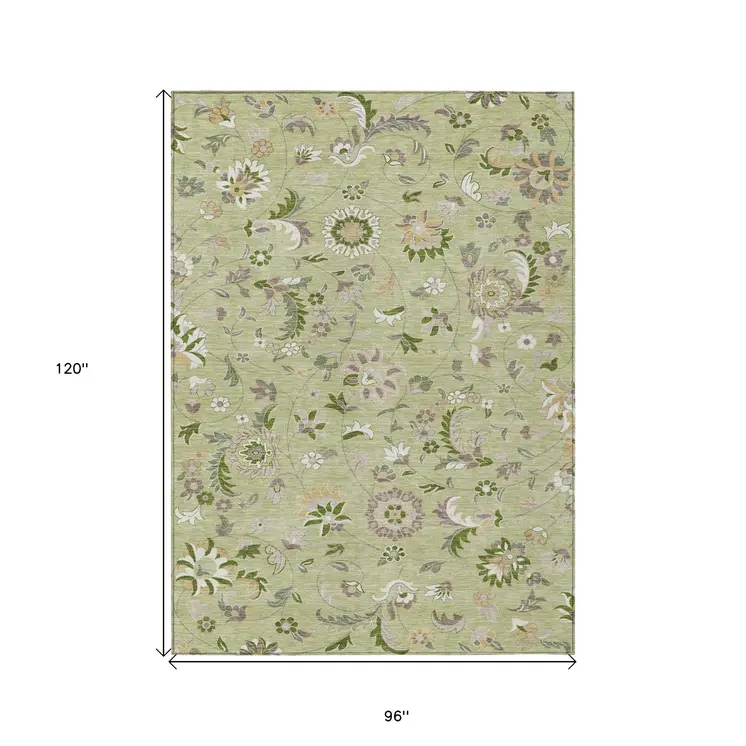 8' X 10' Artichoke Green Gray And Brown Floral Washable Indoor Outdoor Area Rug