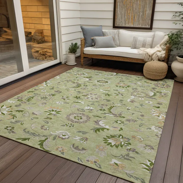 8' X 10' Artichoke Green Gray And Brown Floral Washable Indoor Outdoor Area Rug