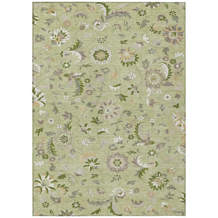 8' X 10' Artichoke Green Gray And Brown Floral Washable Indoor Outdoor Area Rug