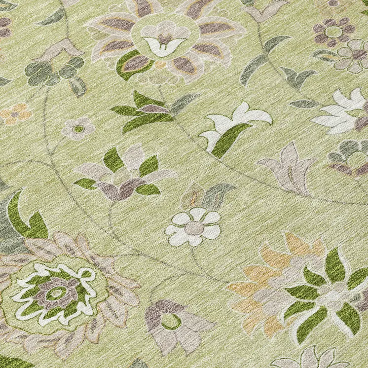 8' X 10' Artichoke Green Gray And Brown Floral Washable Indoor Outdoor Area Rug