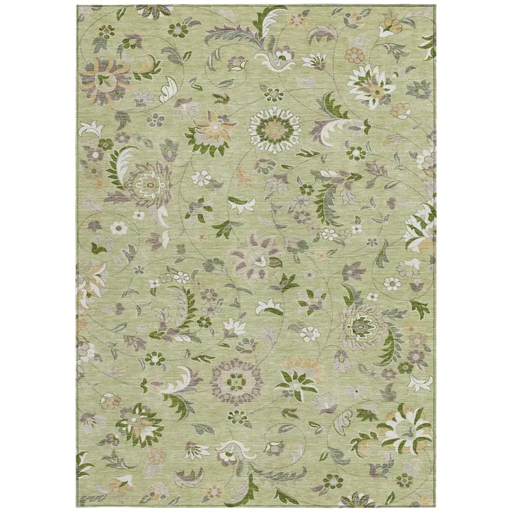 9' X 12' Artichoke Green Gray And Brown Floral Washable Indoor Outdoor Area Rug