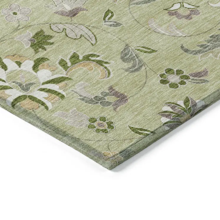 9' X 12' Artichoke Green Gray And Brown Floral Washable Indoor Outdoor Area Rug