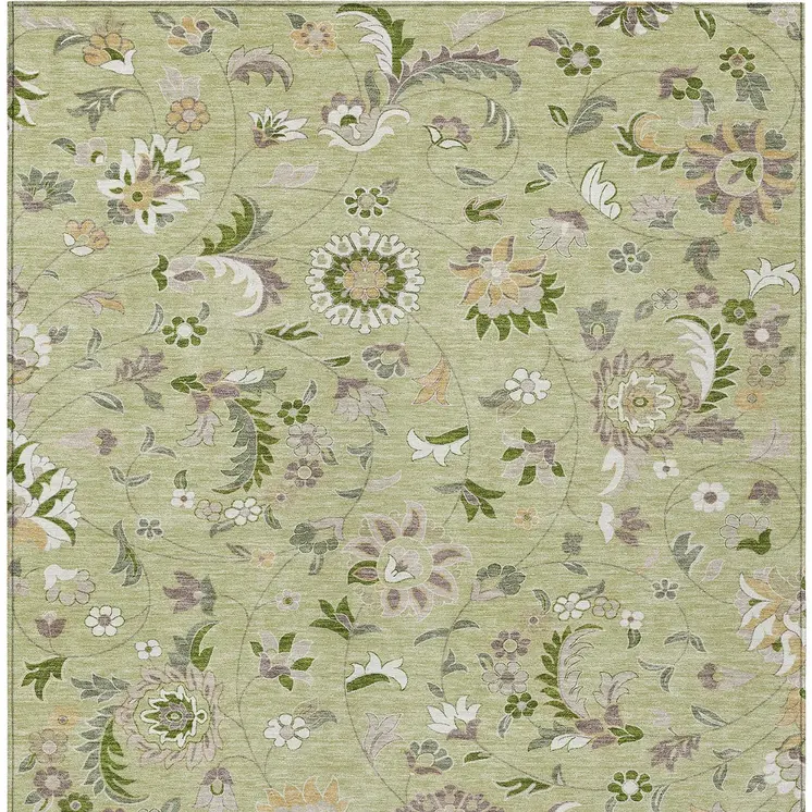 9' X 12' Artichoke Green Gray And Brown Floral Washable Indoor Outdoor Area Rug