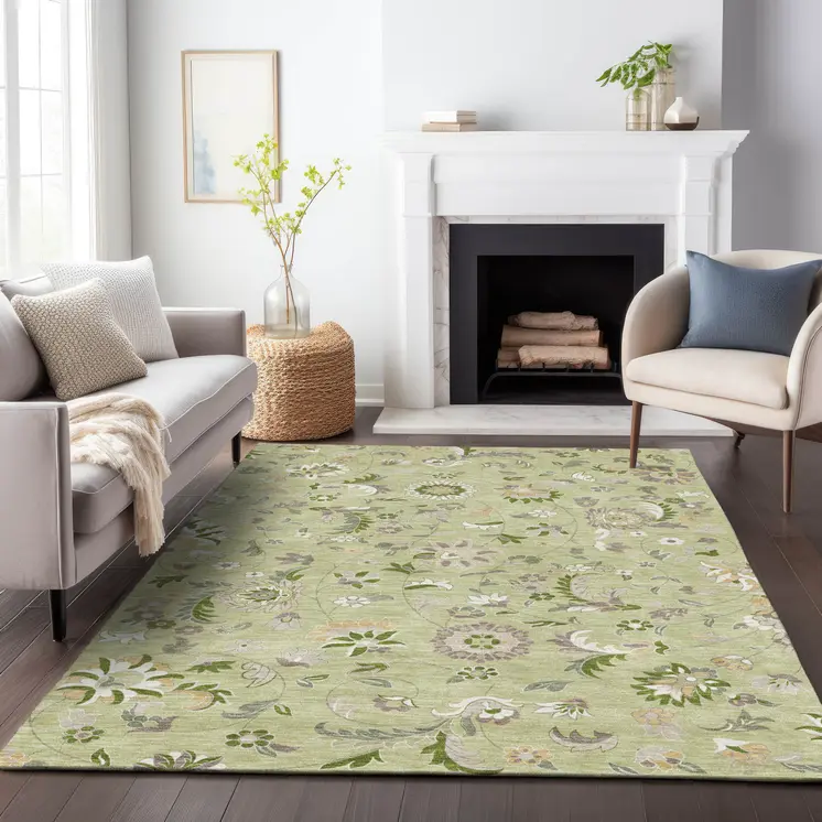 9' X 12' Artichoke Green Gray And Brown Floral Washable Indoor Outdoor Area Rug