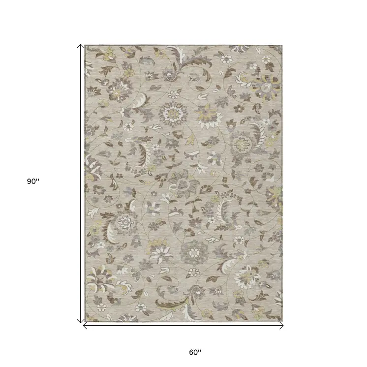 5' X 8' Beige Brown And Gray Floral Washable Indoor Outdoor Area Rug