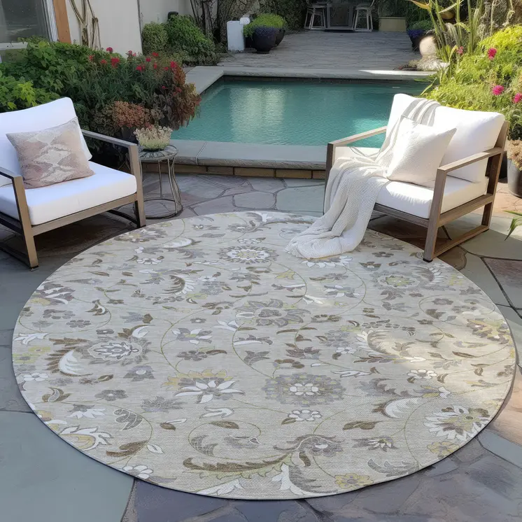 8' Beige Brown And Gray Round Floral Washable Indoor Outdoor Area Rug