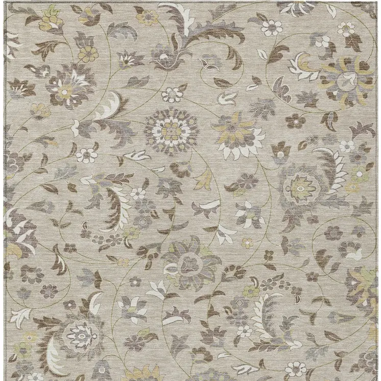 8' X 10' Beige Brown And Gray Floral Washable Indoor Outdoor Area Rug