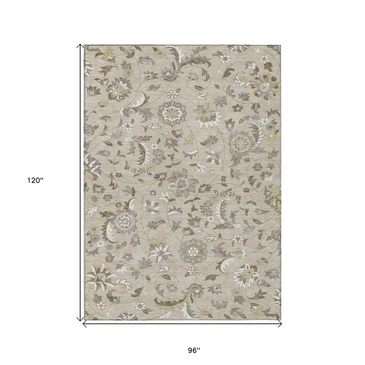 8' X 10' Beige Brown And Gray Floral Washable Indoor Outdoor Area Rug