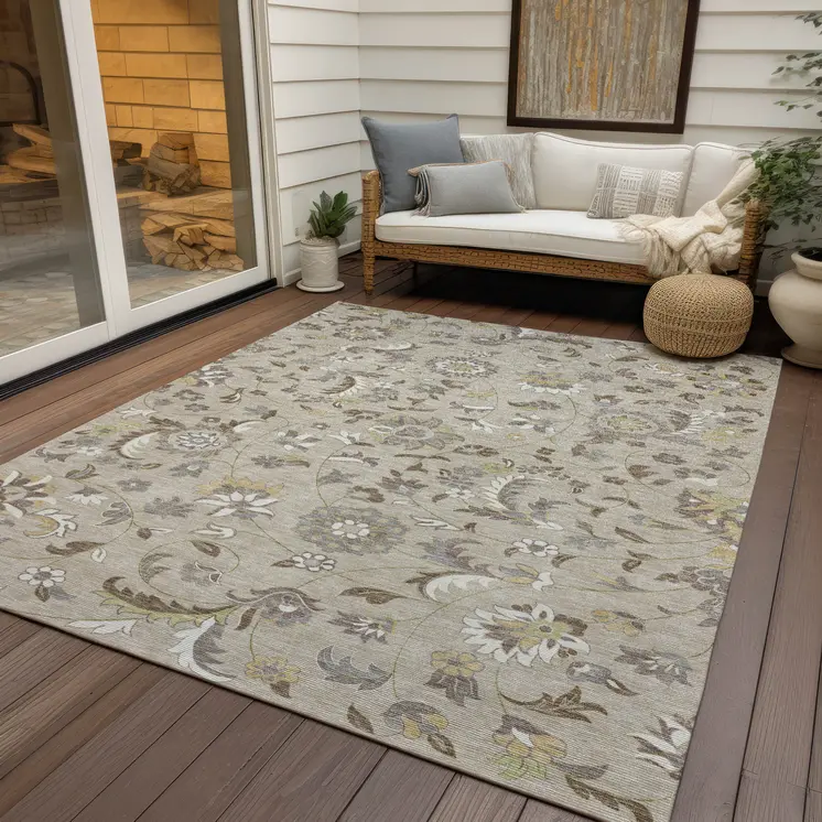 8' X 10' Beige Brown And Gray Floral Washable Indoor Outdoor Area Rug