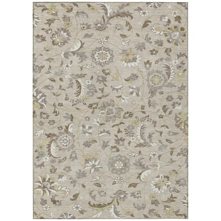 8' X 10' Beige Brown And Gray Floral Washable Indoor Outdoor Area Rug