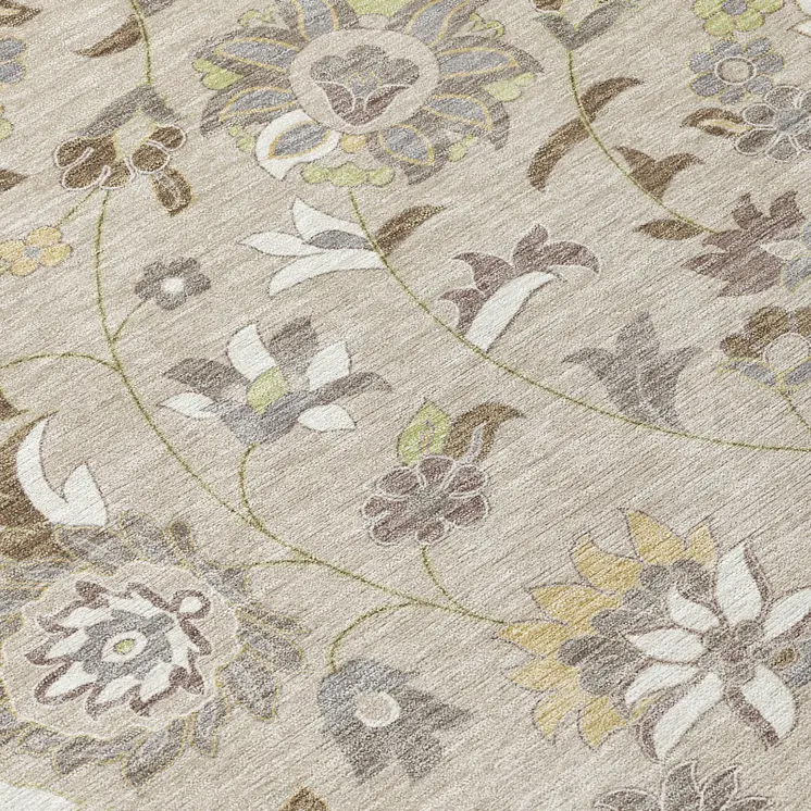 8' X 10' Beige Brown And Gray Floral Washable Indoor Outdoor Area Rug