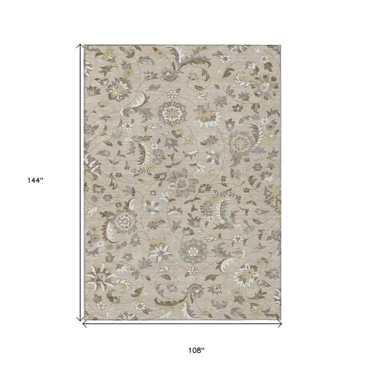 9' X 12' Beige Brown And Gray Floral Washable Indoor Outdoor Area Rug