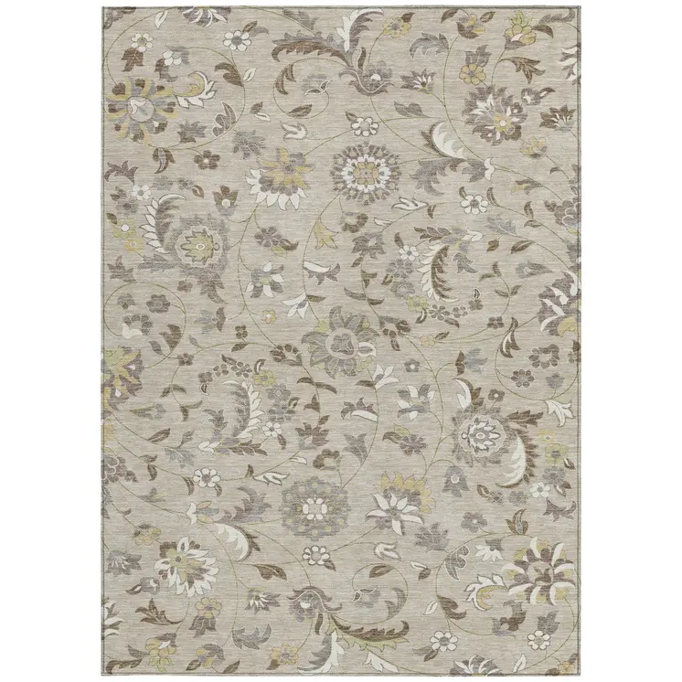 10' X 14' Beige Brown And Gray Floral Washable Indoor Outdoor Area Rug