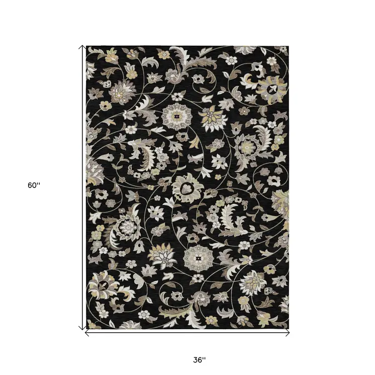 3' X 5' Black Beige And Ivory Floral Washable Indoor Outdoor Area Rug