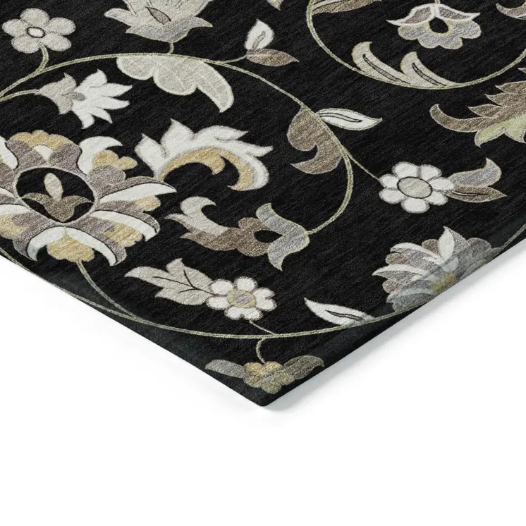 3' X 5' Black Beige And Ivory Floral Washable Indoor Outdoor Area Rug