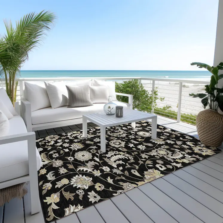3' X 5' Black Beige And Ivory Floral Washable Indoor Outdoor Area Rug