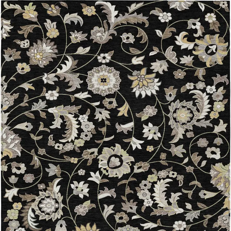 5' X 8' Black Beige And Ivory Floral Washable Indoor Outdoor Area Rug