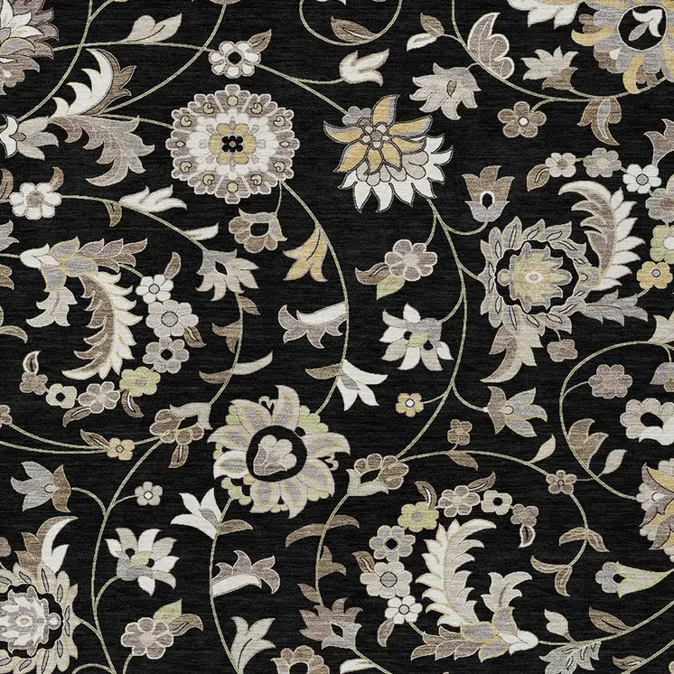 5' X 8' Black Beige And Ivory Floral Washable Indoor Outdoor Area Rug