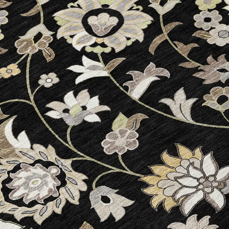 8' Black Beige And Ivory Round Floral Washable Indoor Outdoor Area Rug