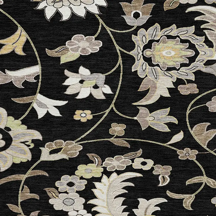 8' Black Beige And Ivory Round Floral Washable Indoor Outdoor Area Rug