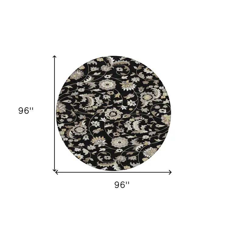 8' Black Beige And Ivory Round Floral Washable Indoor Outdoor Area Rug