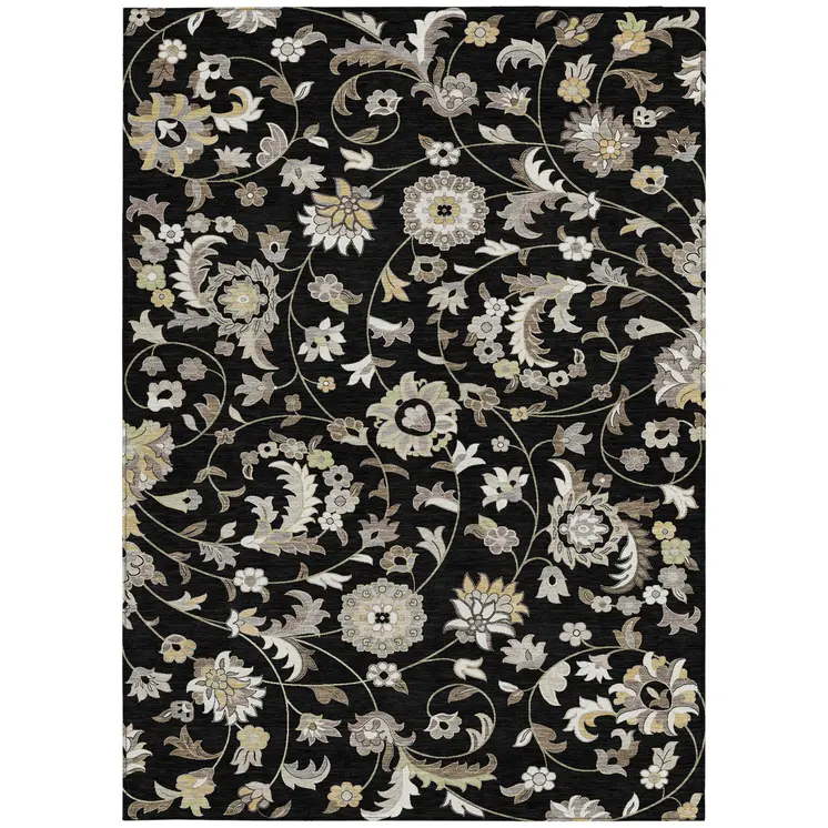 8' X 10' Black Beige And Ivory Floral Washable Indoor Outdoor Area Rug