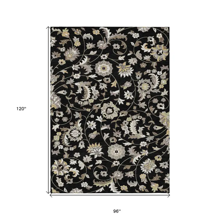 8' X 10' Black Beige And Ivory Floral Washable Indoor Outdoor Area Rug