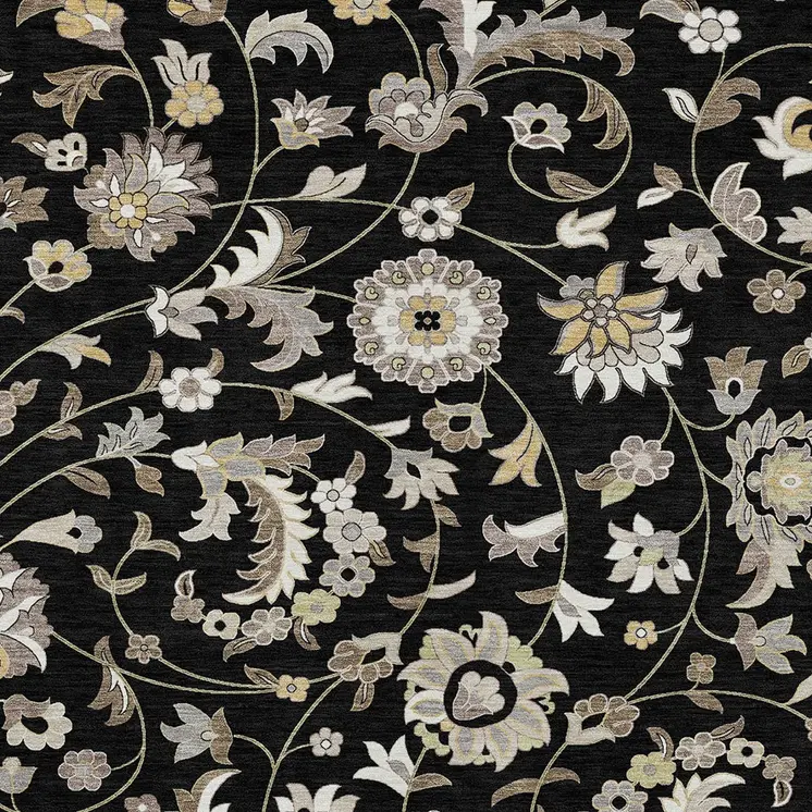 8' X 10' Black Beige And Ivory Floral Washable Indoor Outdoor Area Rug