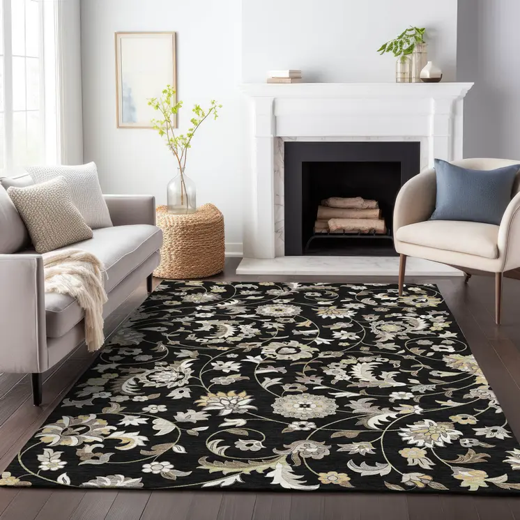 8' X 10' Black Beige And Ivory Floral Washable Indoor Outdoor Area Rug