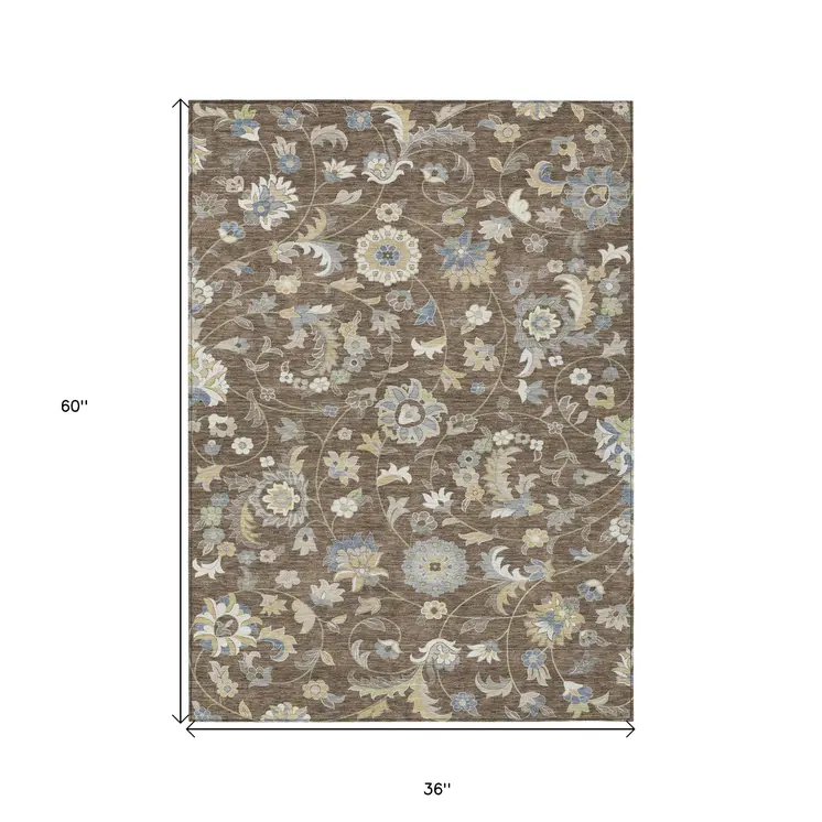 3' X 5' Chocolate Beige And Blue Floral Washable Indoor Outdoor Area Rug