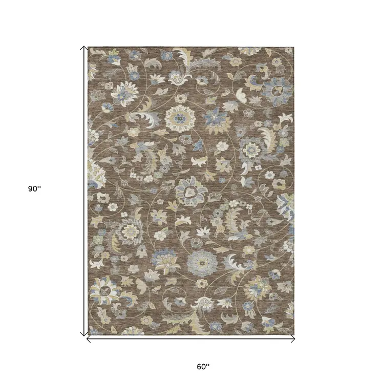5' X 8' Chocolate Beige And Blue Floral Washable Indoor Outdoor Area Rug